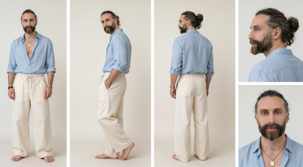 Five-panel character reference board: the same bearded man with a hair bun in a light blue linen shirt and cream wide-leg trousers, shown full-body from the front, side, and back, plus a profile and a waist-up portrait